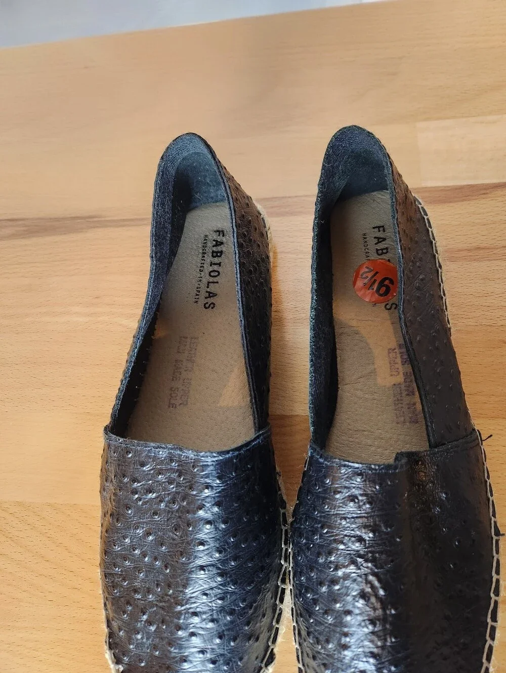 Fabiolas Womens Black Ostrich Leather Espadrille Flats Slip On Size US 9.5 EU 41